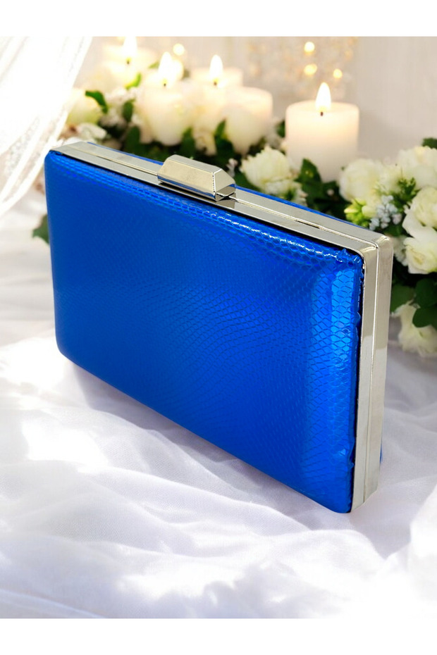 Cobalt Blue Color Herringbone Patterned Shiny Patent Leather Women's Evening Dress Bag