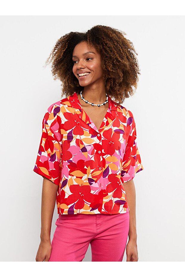 Printed Short Sleeve Viscose Women's Shirt with Front Button Closure (S2)