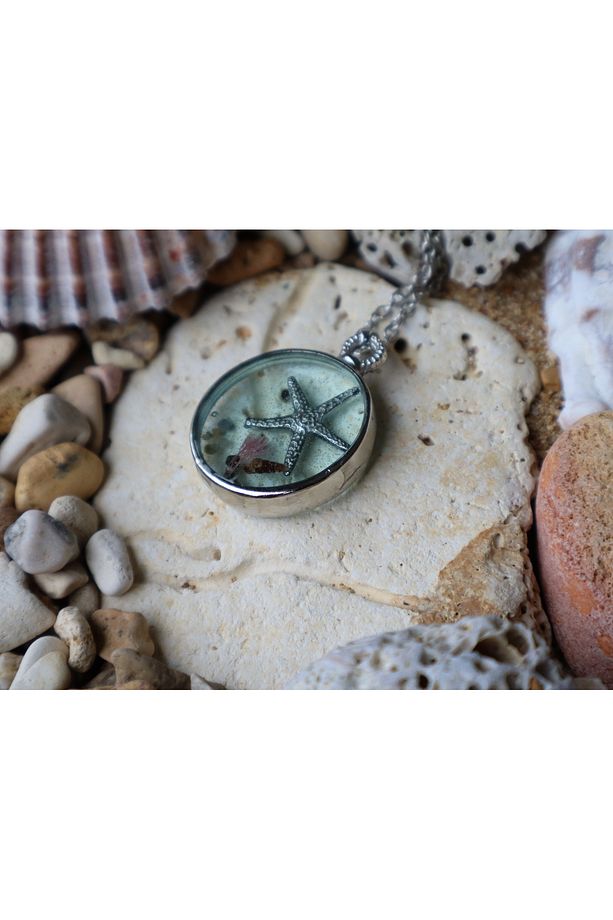 Denizaltı Konseptli El Yapımı Kolye, Yuvarlak Çerçeve (Large), Deniz Yıldızı Figürlü, (1 Adet) - 3