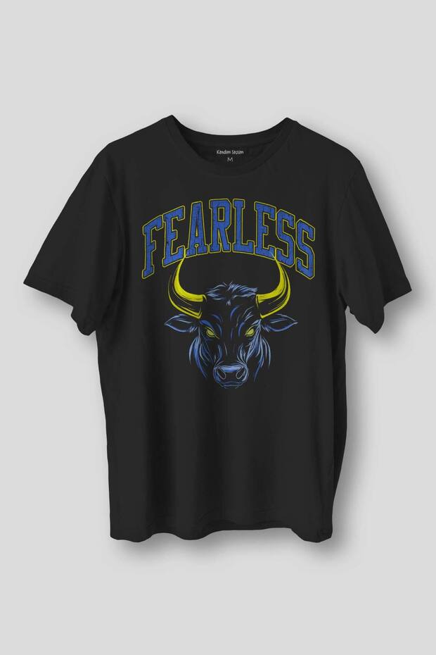Fearless Bull Bull 1907 Unisex T-Shirt - Yellow Navy, Fearless Lettering Printed, Gym Sports