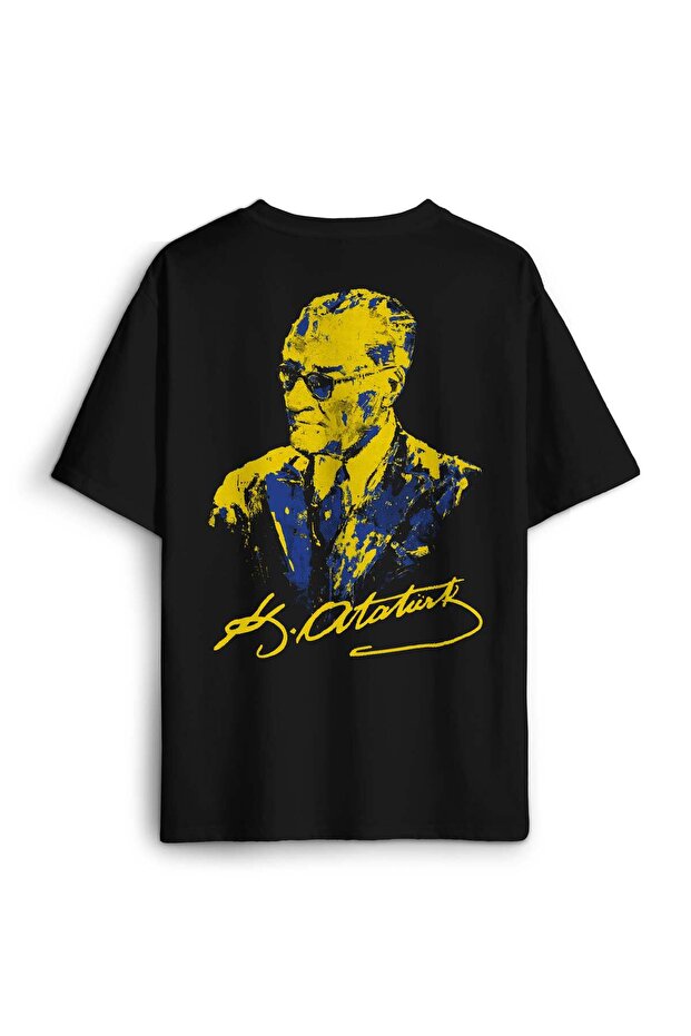 Black T-Shirt Ataturk Yellow Navy Back Front Printed Oversize Tee Unisex T-Shirt