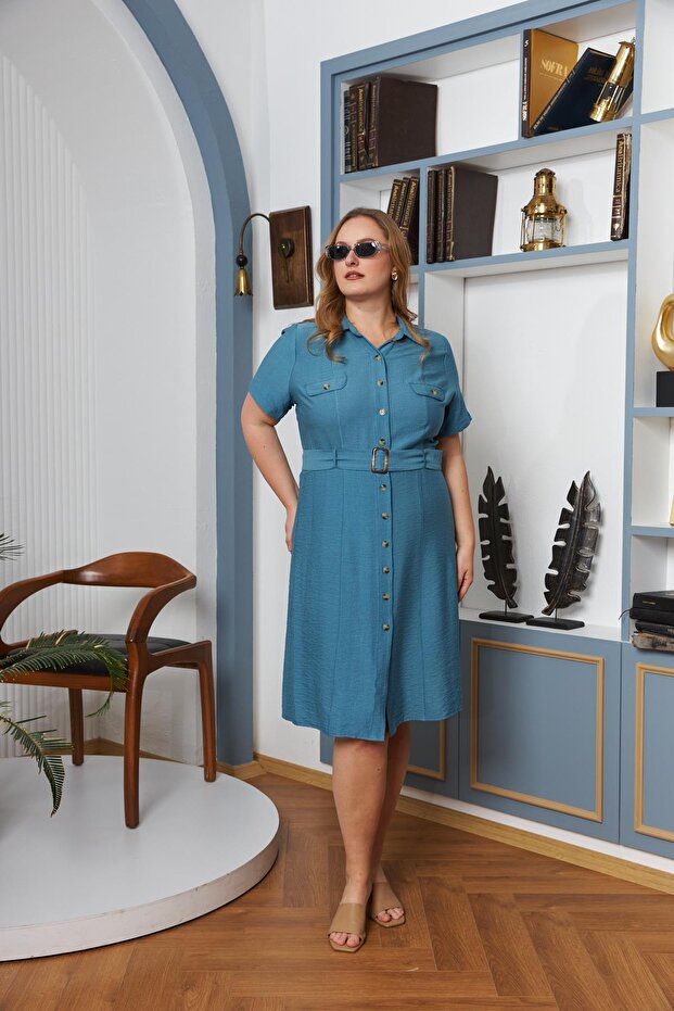 Belt and Pocket Detailed Buttoned Short Sleeve Plus Size Dress Indigo