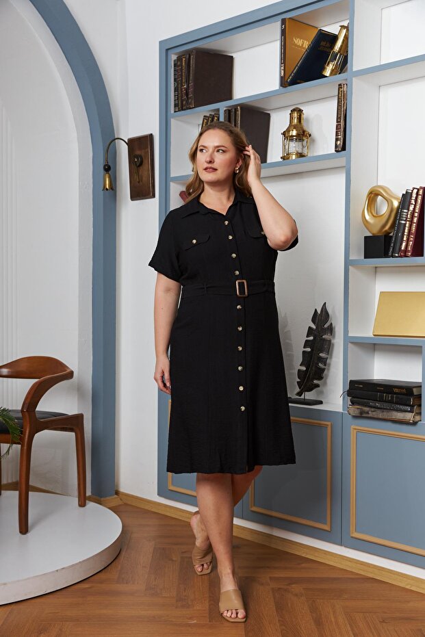 Belt and Pocket Detailed Buttoned Short Sleeve Plus Size Dress Black