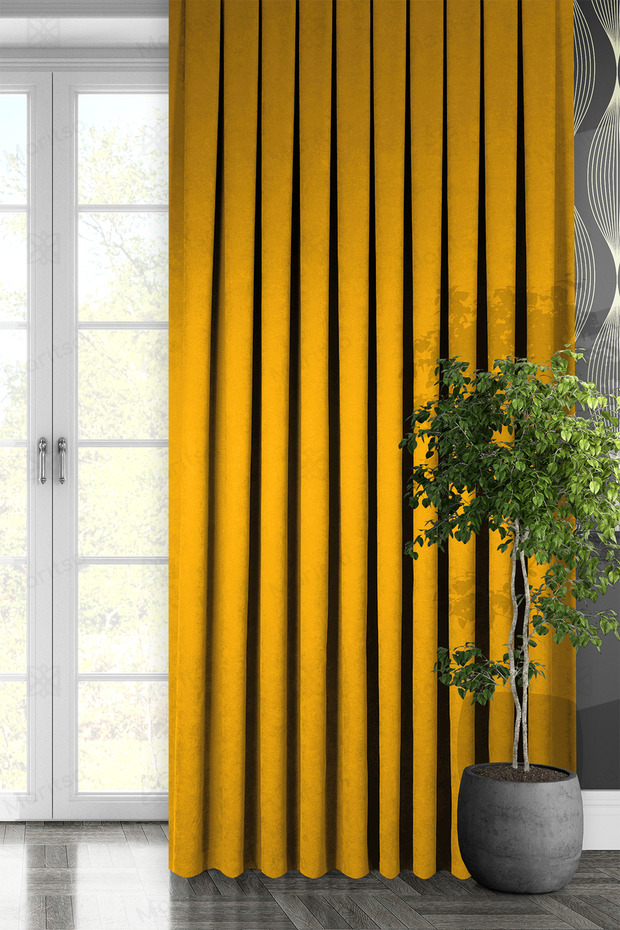 Velvet Textured Series Yellow Close Pleat (1X3) Single Wing Background Curtain