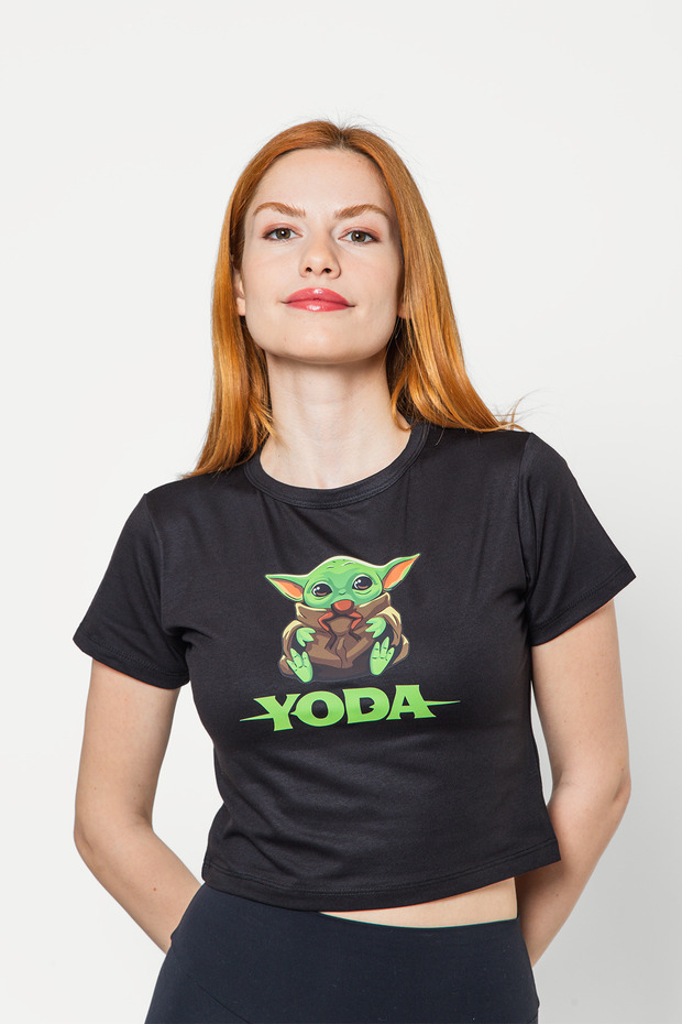 Baby Yoda Printed Black Crop Top