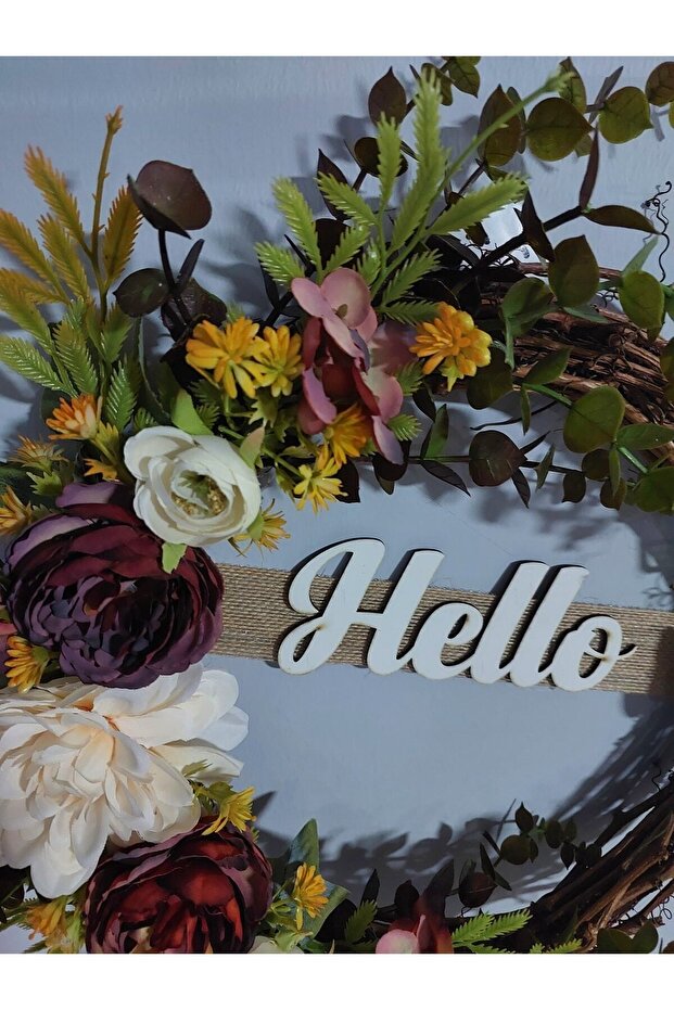 Bordo Şakayıklı Kapı Süsü 35 Cm- Turuncu Sarılı Kapı Çelengi, Kapı Süsü, Kapı Çelenk, Ev Dekor - 5