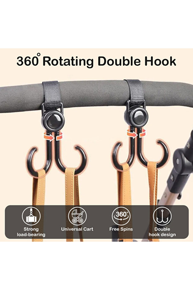 حزام فيلكرو قابل للدوران 360 درجة وخطافات عربة أطفال متعددة الأغراض (قطعتان) - 4