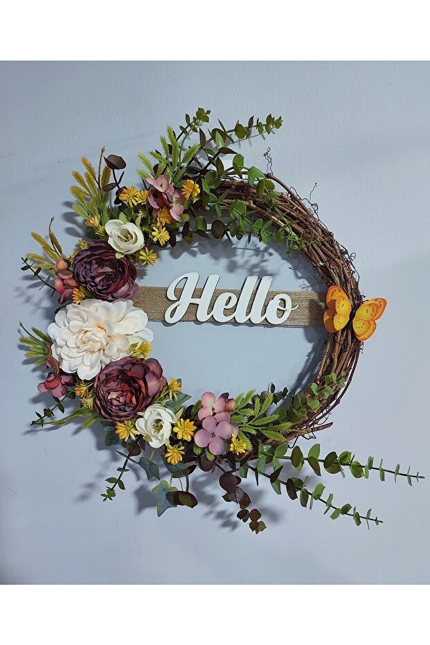 Bordo Şakayıklı Kapı Süsü 35 Cm- Turuncu Sarılı Kapı Çelengi, Kapı Süsü, Kapı Çelenk, Ev Dekor - 1