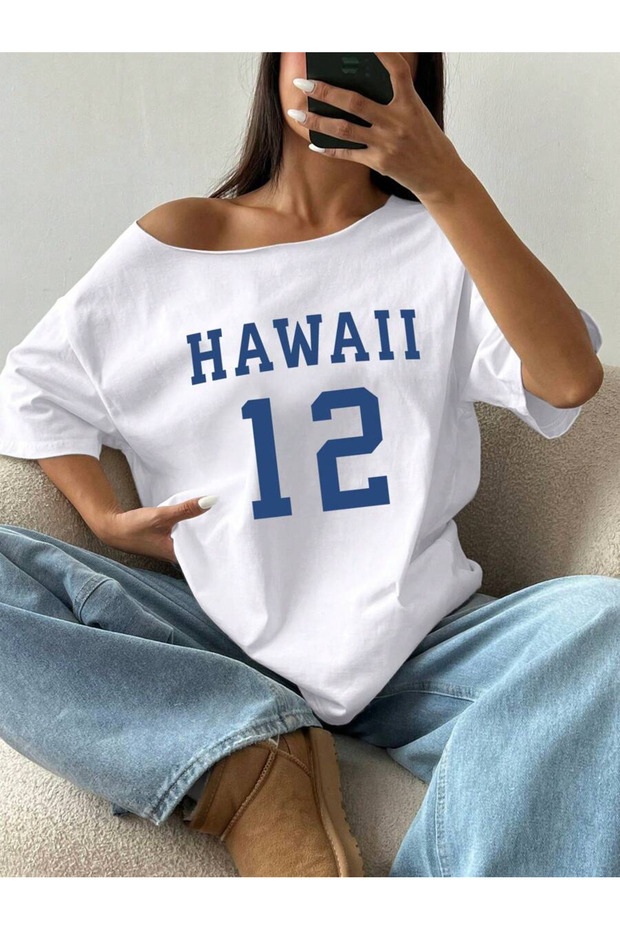 Boat Neck Hawaii Printed Oversize 100% Cotton T-Shirt