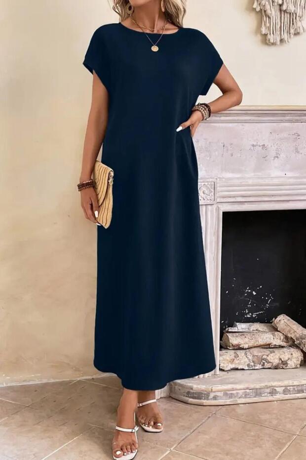 Kısa Kollu Viskon Basic Elbise Lacivert - 1