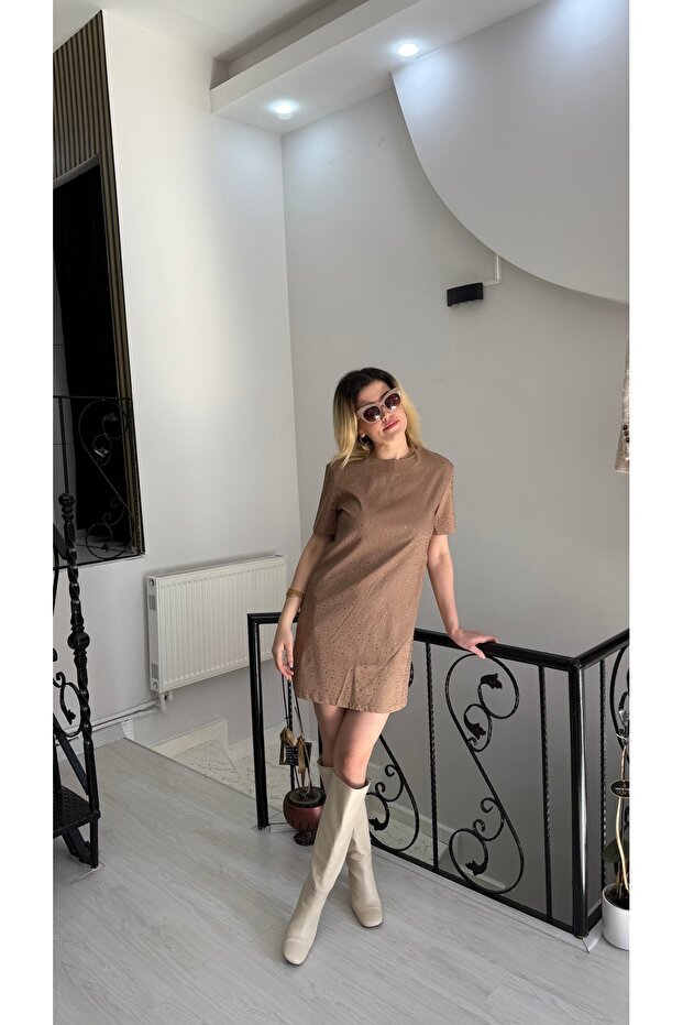 Taba Taşlı Keten Kısa Elbise - 6