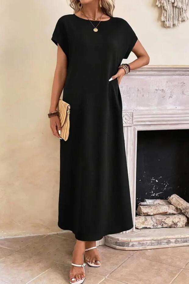 Kısa Kollu Viskon Basic Elbise Siyah - 2