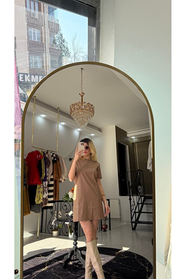 Taba Taşlı Keten Kısa Elbise - 4