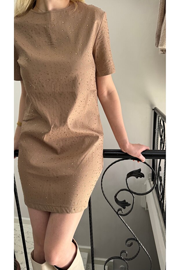 Taba Taşlı Keten Kısa Elbise - 7