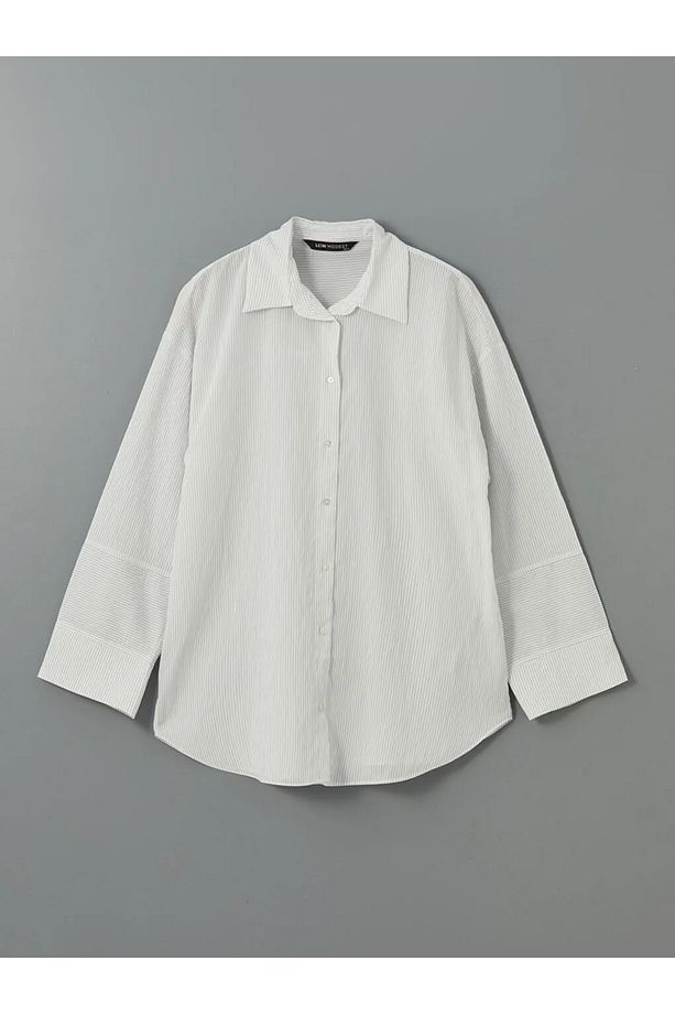 LCW Modest Ekru Çizgili Oversize Kadın Gömlek Tunik - 1