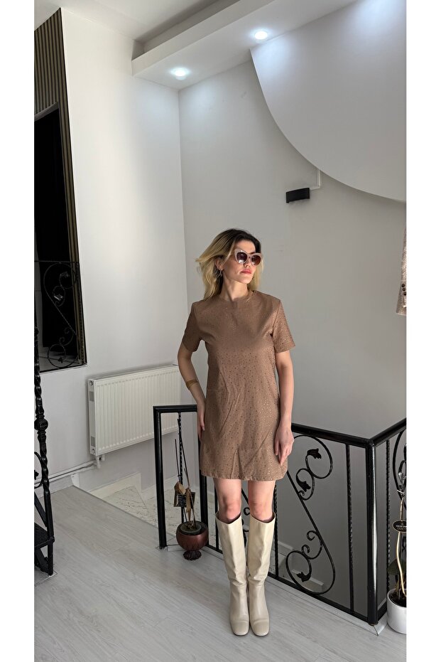 Taba Taşlı Keten Kısa Elbise - 8
