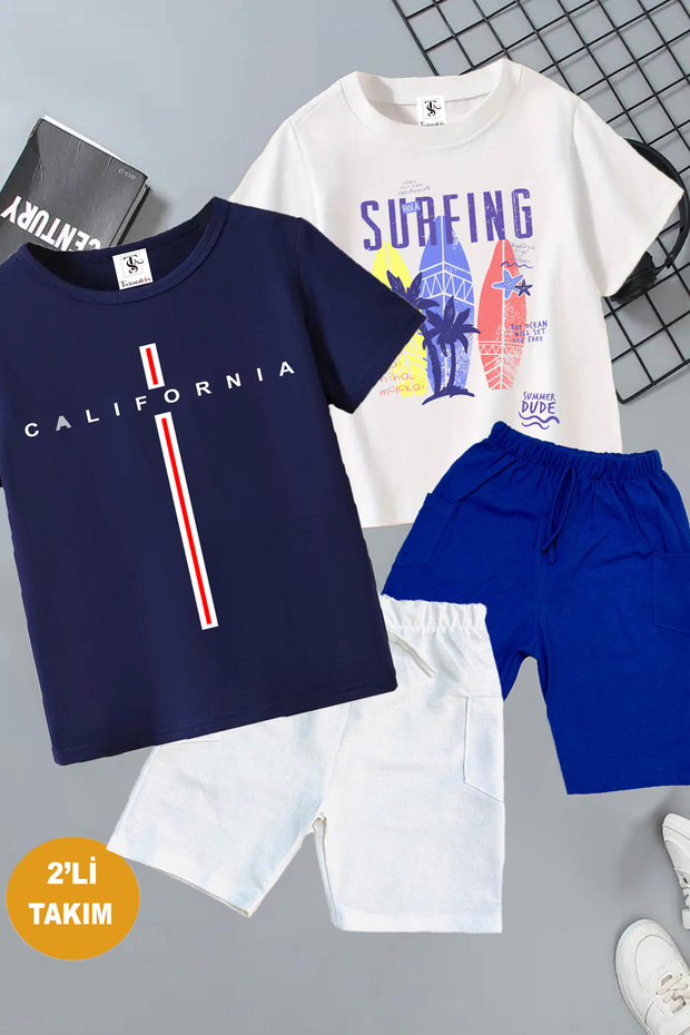 Surfing and California Printed 2 Pcs Summer T-Shirt-Shorts Kids Set