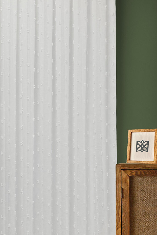 Tulle Curtain - Scandinavian Series Bohemian Pompom Pattern Cotton Embroidery on Linen Ground Ecru Dense Pleats (1X3)