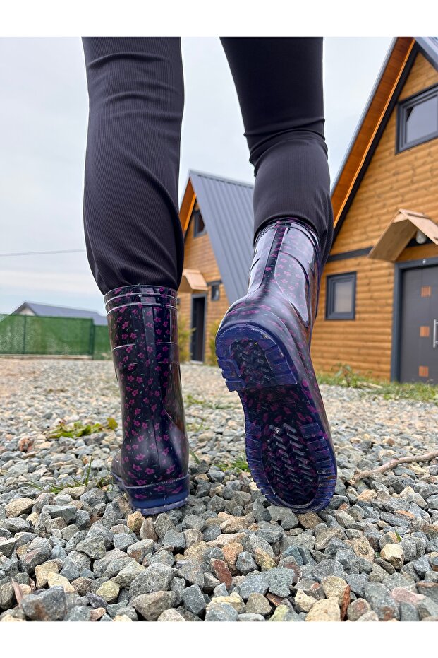 Mor Çiçekli Kadın Yağmur Çizmesi - 5