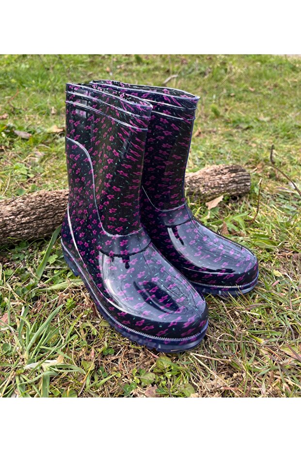 Mor Çiçekli Kadın Yağmur Çizmesi - 1