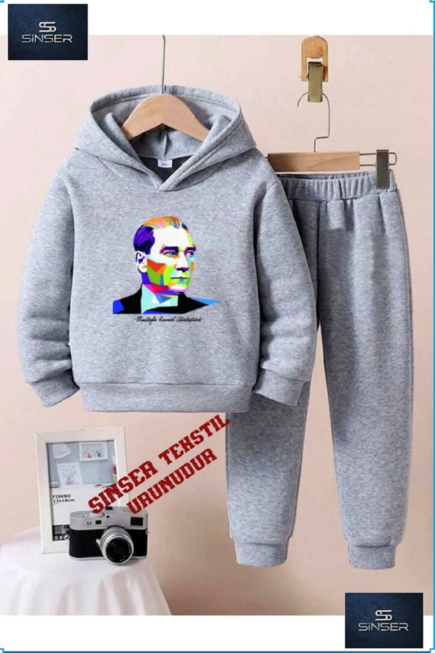 Hooded Children's "Ataturk Colorful Geometric" Printed Tracksuit Set