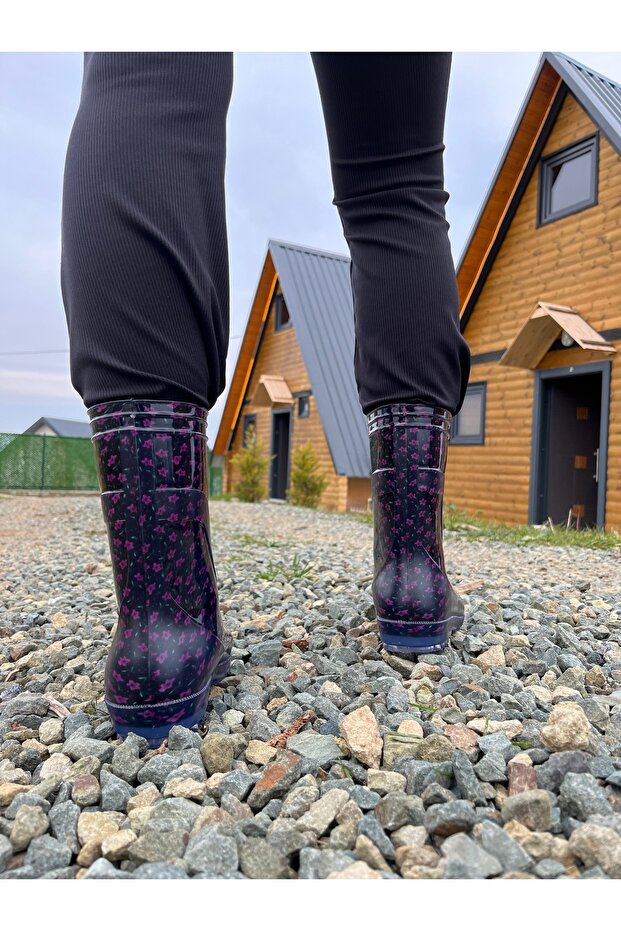 Mor Çiçekli Kadın Yağmur Çizmesi - 6