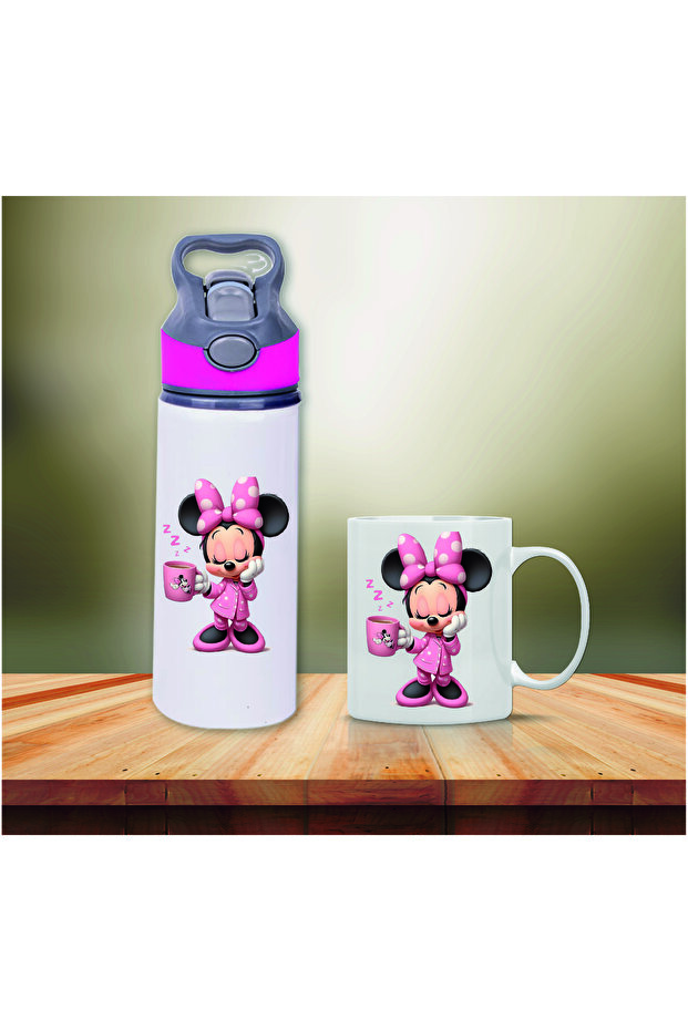 Mickey Mouse Printed Metal Water Bottle with Straw and Mug Cup-003