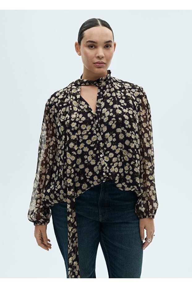 Çiçekli bağ detaylı bluz - 5