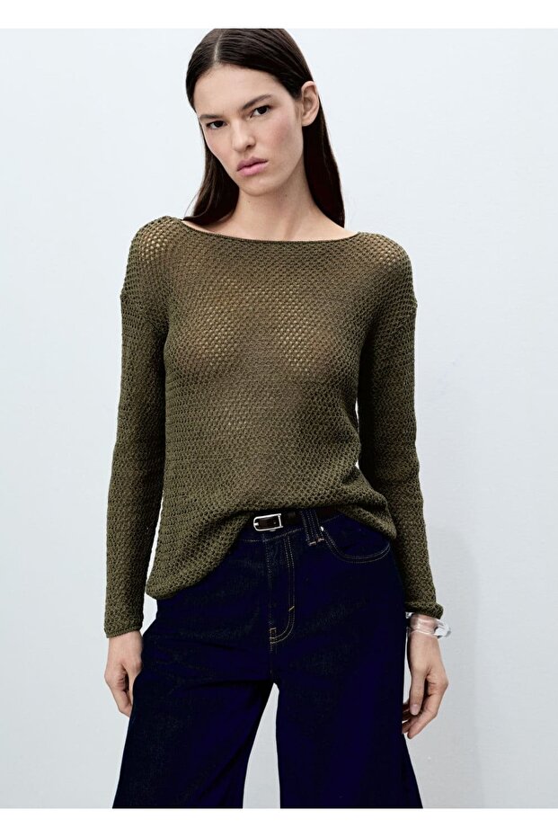 Durchbrochener Strickpullover mit U-Boot-Ausschnitt - 1