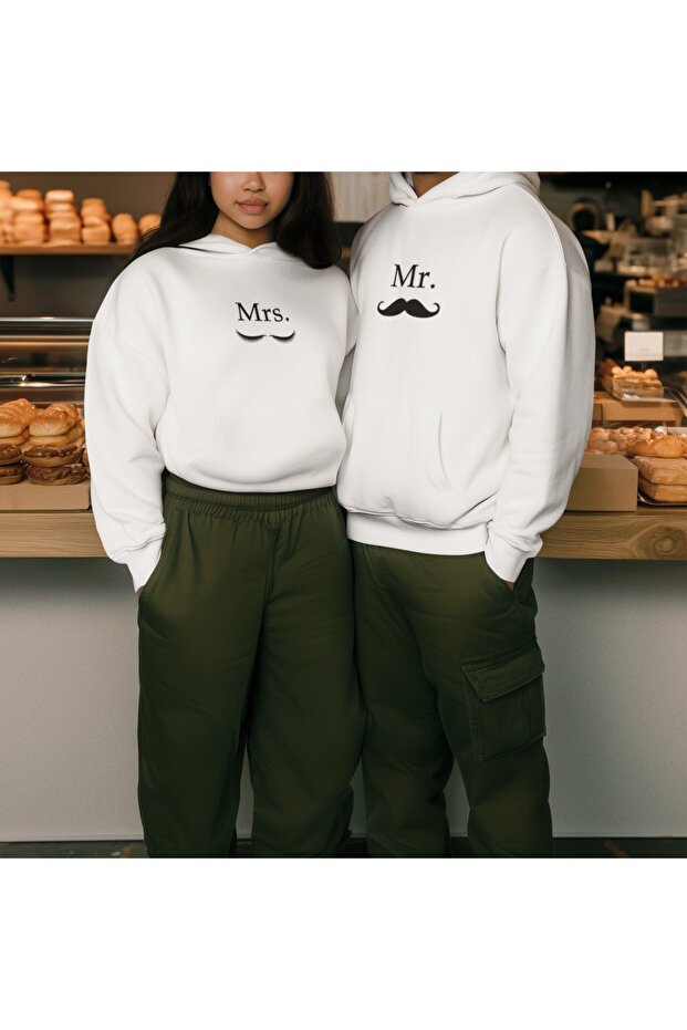 Mr Mrs Printed Lover Set Cotton Long Sleeve Shardon 3 Thread Hooded Sweatshirt (1 Woman + 1 Man)