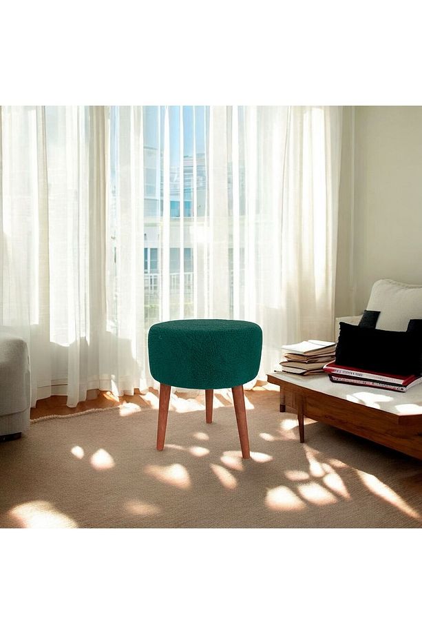 Yuvarlak Puf Bench Ahşap Ayaklı Dekoratif Peluş - 1