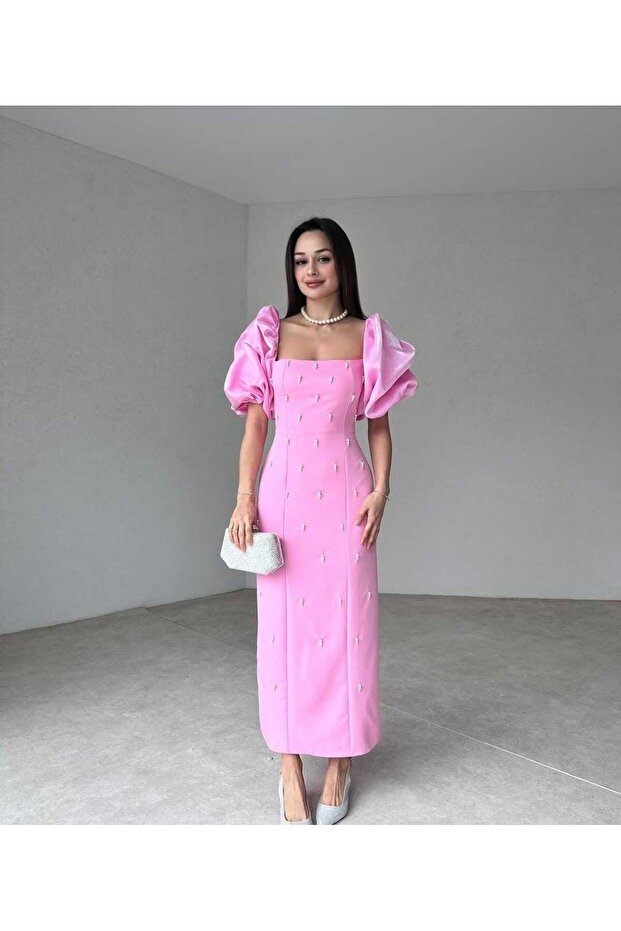 Square Neck Stone Detailed Back Slit Dress