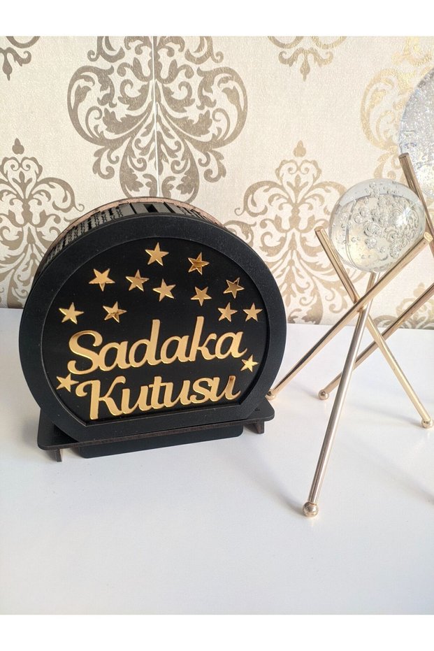 Black Alşap Gold Plexi Written Charity Box Piggy Bank (Comfortable Opening and Closing)