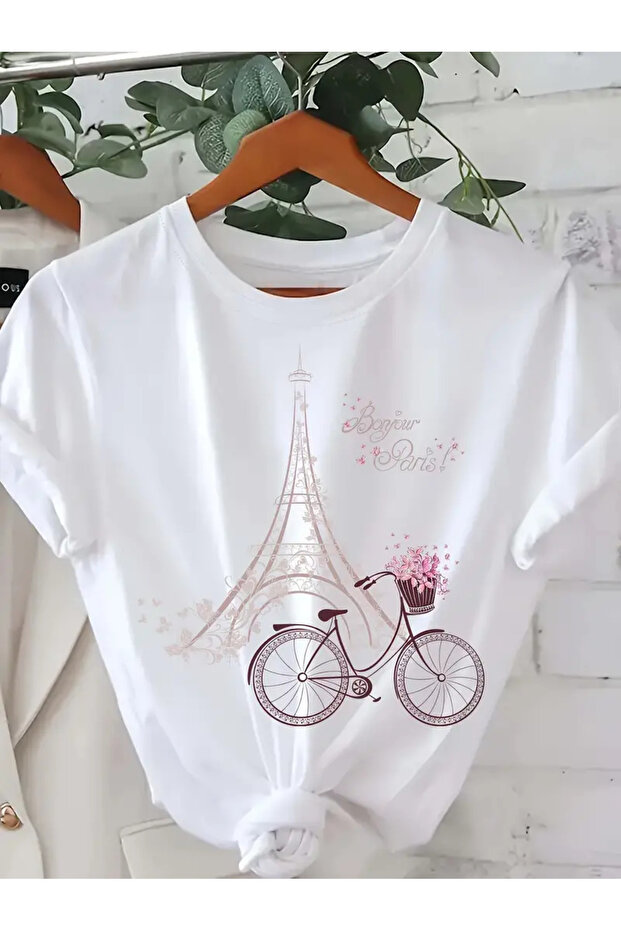Unisex Eiffel Tower & Bicycle Printed Crew Neck Oversize T-Shirt