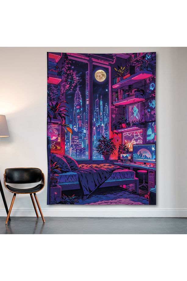 Neon Oda ve Şehir Duvar Örtüsü Duvar Halısı Birinci Kalite Saten Kumaş Poster - 2