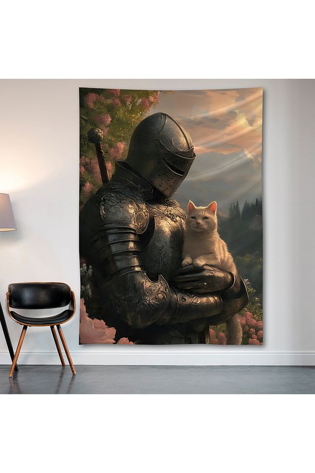Şövalye ve Kedi Duvar Örtüsü Duvar Halısı Birinci Kalite Saten Kumaş Poster - 2