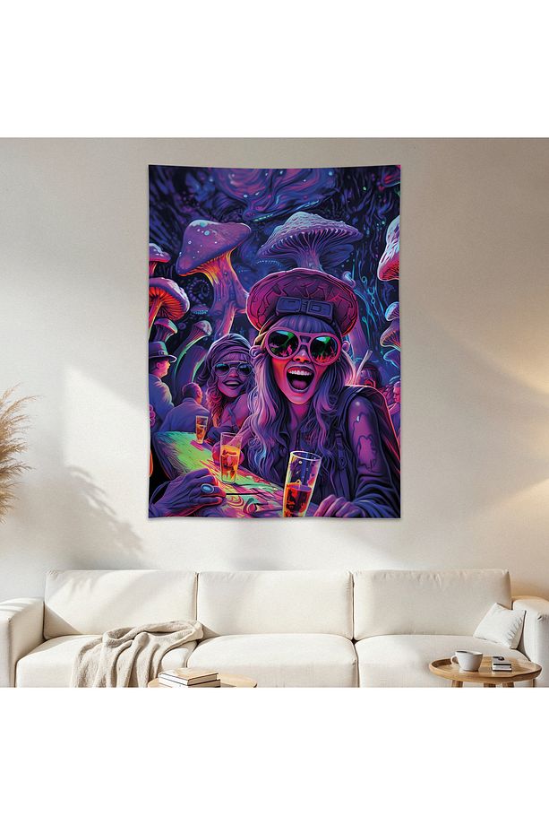 Mantar Neon Parti Duvar Örtüsü Duvar Halısı Birinci Kalite Saten Kumaş Poster - 1