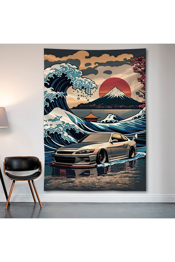 JDM Araba ve Dalga Duvar Örtüsü Duvar Halısı Birinci Kalite Saten Kumaş Poster - 2