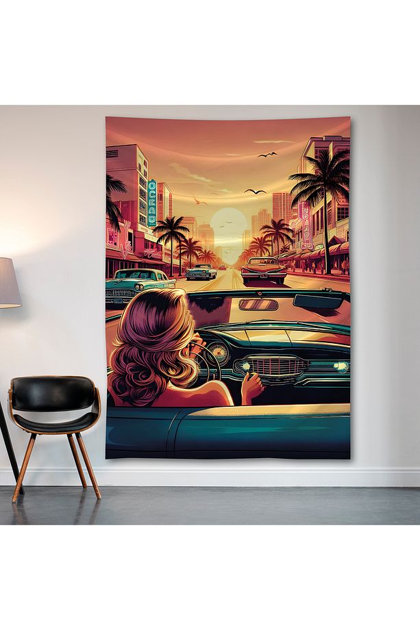 Retro Kadın ve Araba Duvar Örtüsü Duvar Halısı Birinci Kalite Saten Kumaş Poster - 2