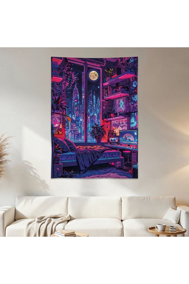 Neon Oda ve Şehir Duvar Örtüsü Duvar Halısı Birinci Kalite Saten Kumaş Poster - 1