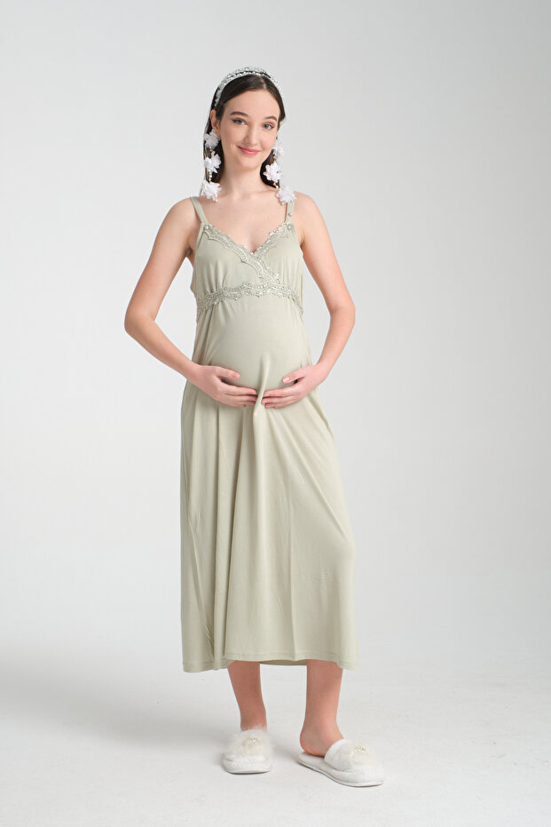 Woven Strap Nightgown Easy Breastfeeding Feature Maternity Pregnant Women