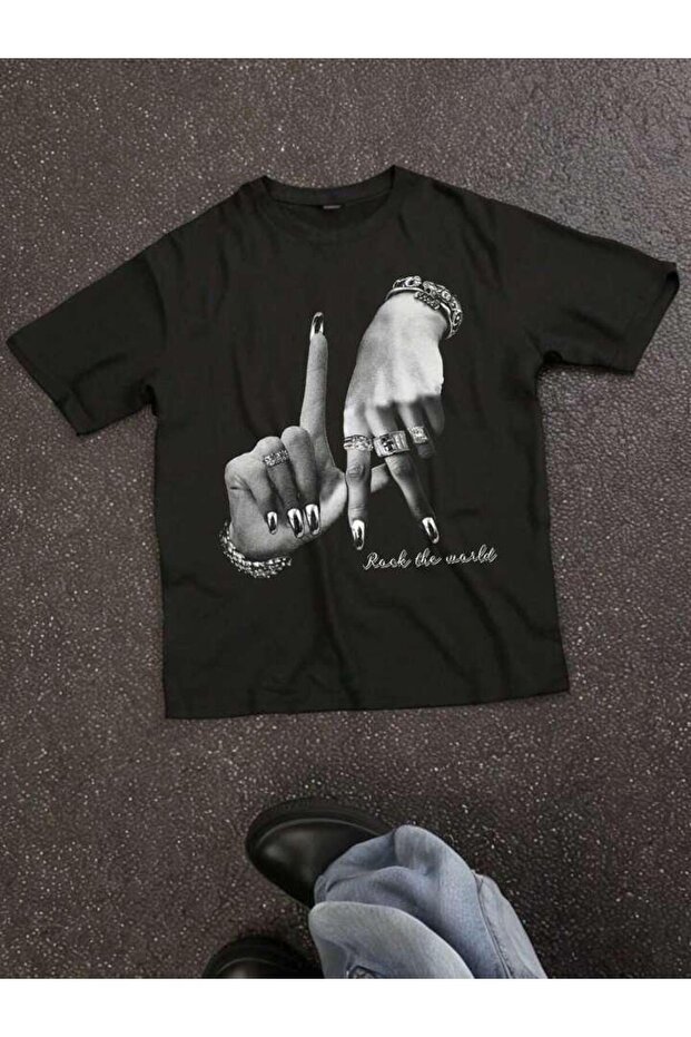 Unisex Black Rock the World Printed Oversize 100% Cotton T-Shirt