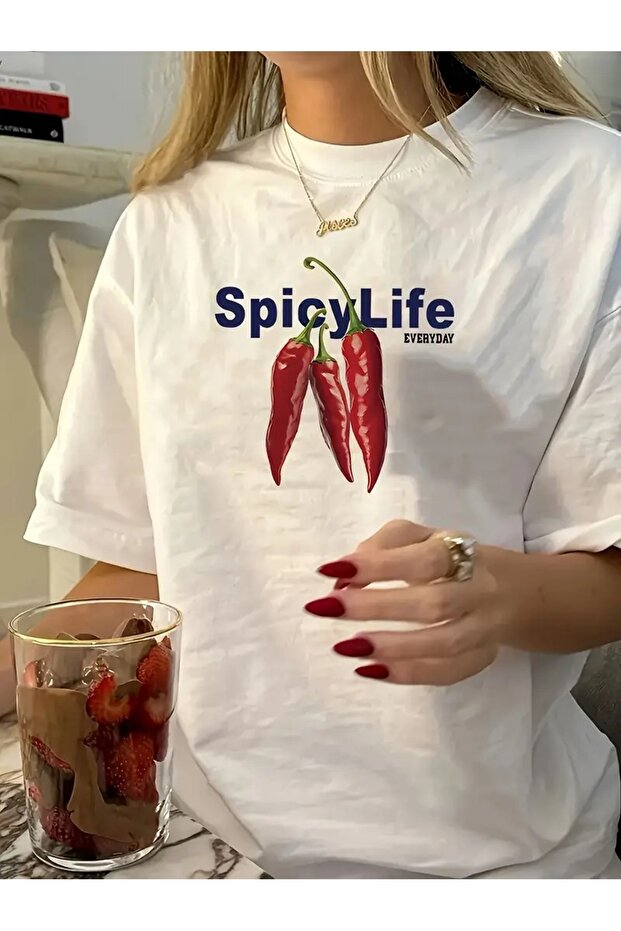 Unisex White Spicy Life Pepper Printed Oversize 100% Cotton T-Shirt