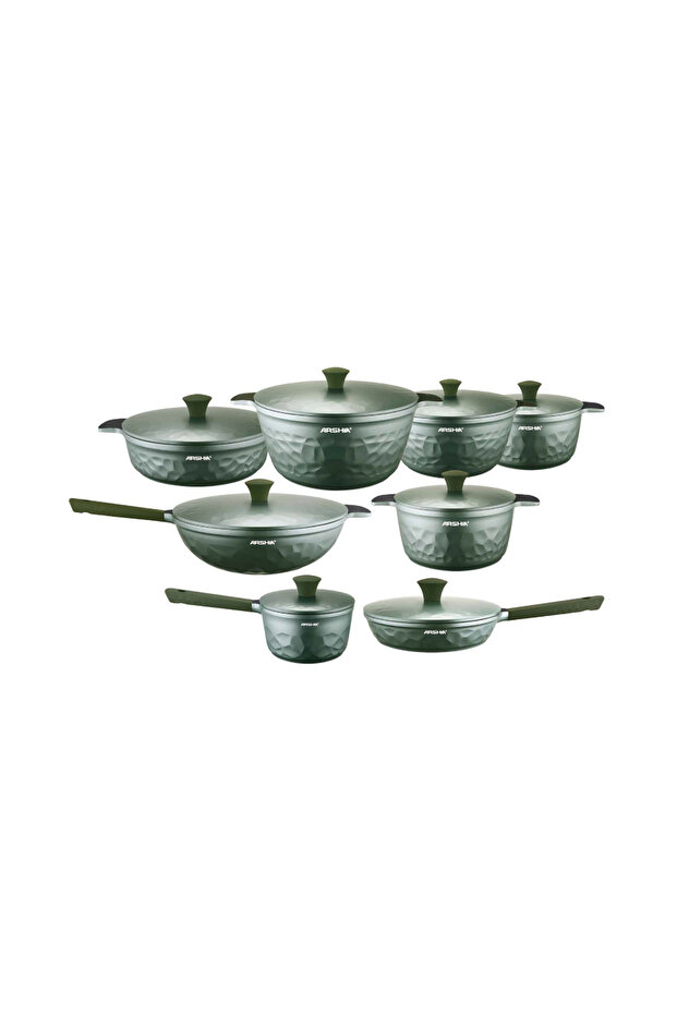 طقم أواني طهي فاخرة عالية الجودة، مكون من 16 قطعة، لون أخضر - 1
