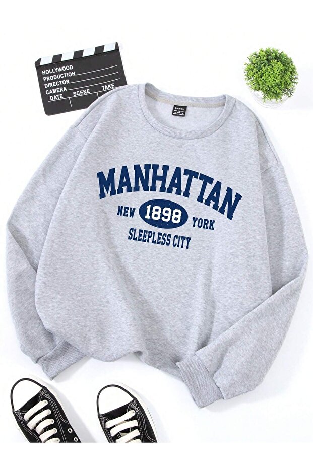Manhattan 1898 Thick Winter Sweatshirt - Gray Printed Oversized Crew Neck