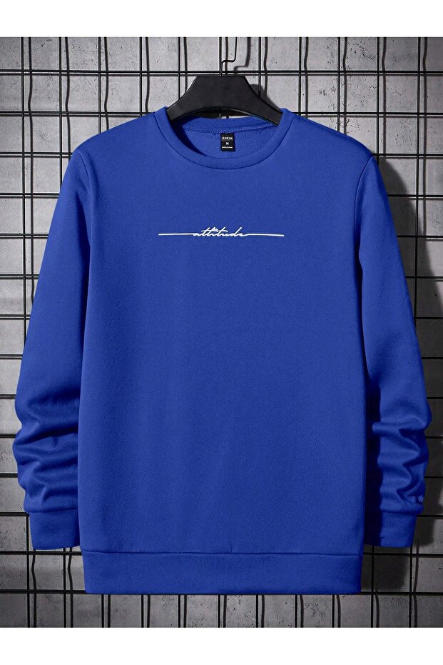 Attitude Text Thick Winter Sweatshirt - Sax Blue Printed Oversize Raised Crew Neck