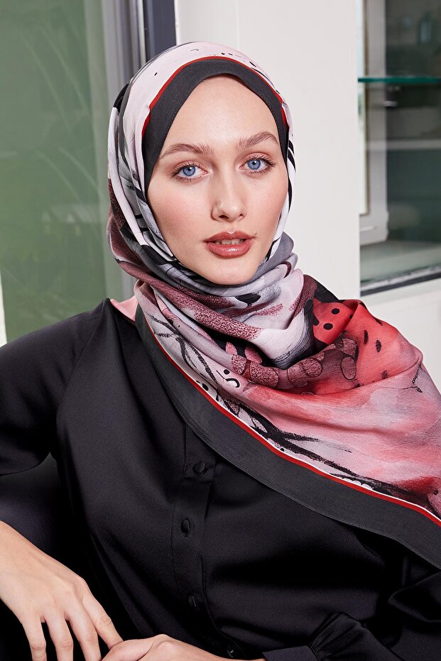 Nar Çiçeği Ebruli Desen Royal Şal - 1