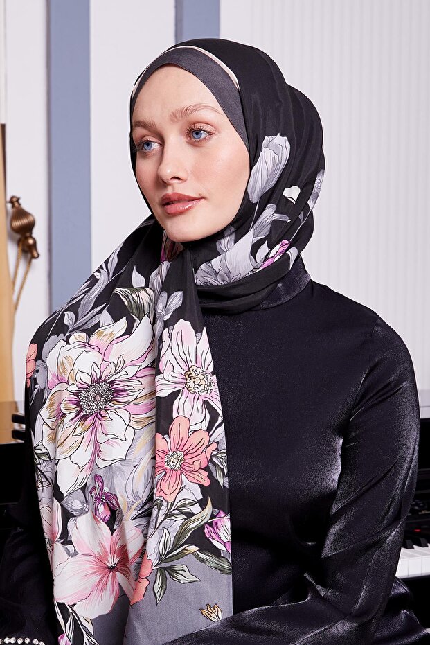 شال ملكي بنمط زهرة حافة رمادية - 2