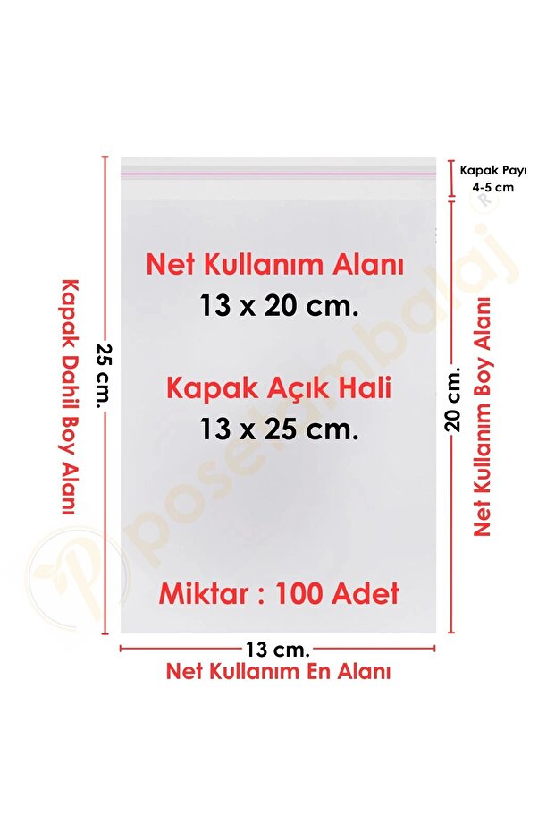 13x20+5 Cm. (13*25) 100 Adet - Şeffaf Bantlı Yapışkanlı Opp Jelatin Poşet - 1