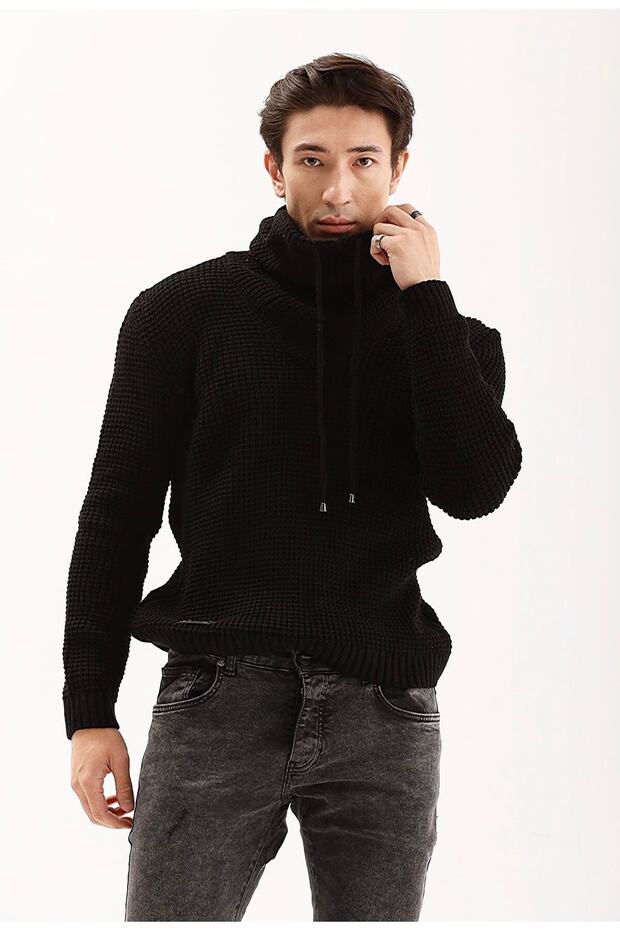 Erkek Siyah Boğazlı Örme Triko Kazak - 2